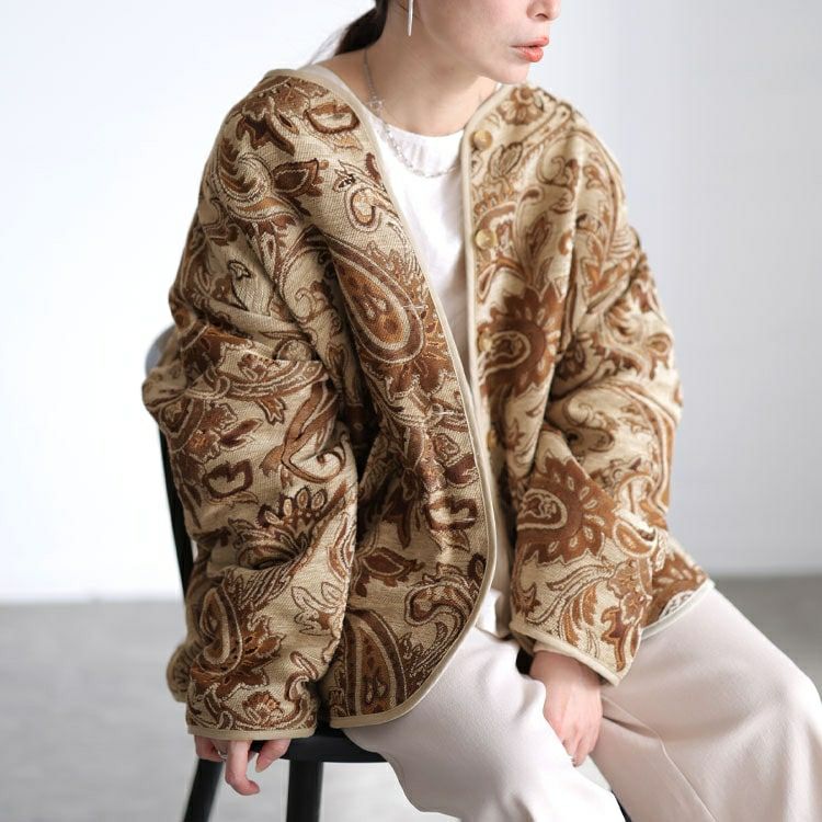大きいサイズ レディース 配色パイピングペイズリー柄ジャケット sw-0833