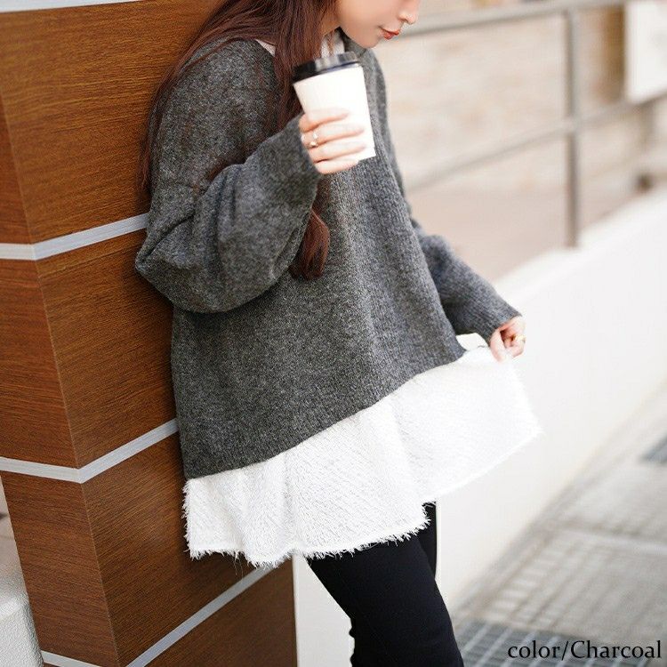 大きいサイズ レディース Vネッククロップドニット＆フリンジペプラムチュニック2点セット maru-20030