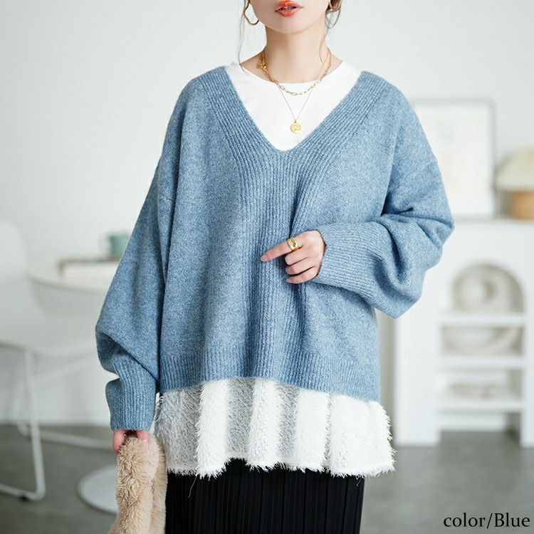 大きいサイズ レディース Vネッククロップドニット＆フリンジペプラムチュニック2点セット maru-20030