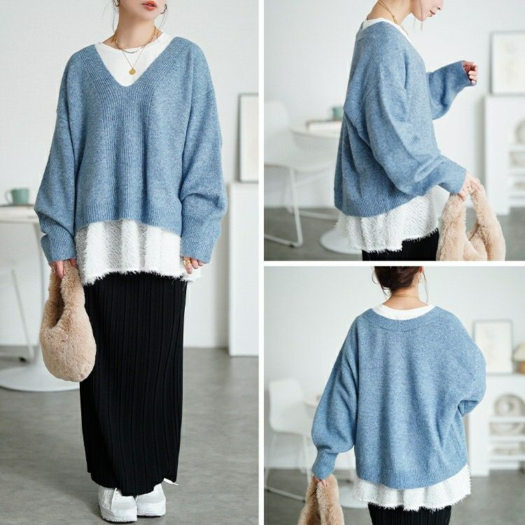 大きいサイズ レディース Vネッククロップドニット＆フリンジペプラムチュニック2点セット maru-20030