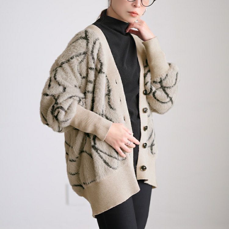 大きいサイズ レディース ライン柄シャギーニットカーディガン maru-20029