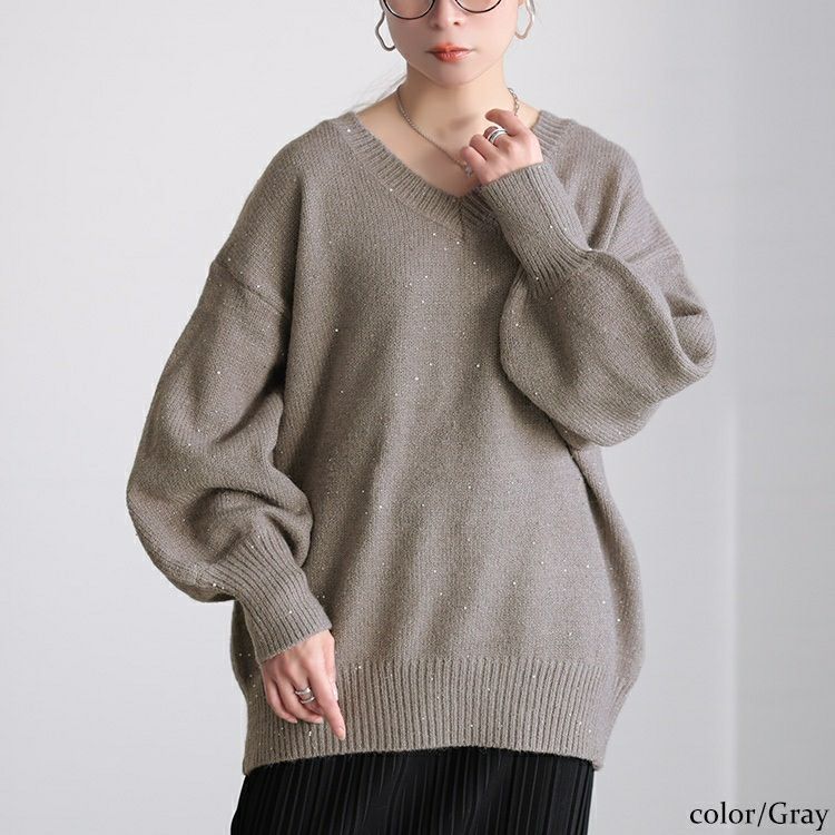 大きいサイズ レディース ボリューム袖スパンコールニットチュニック