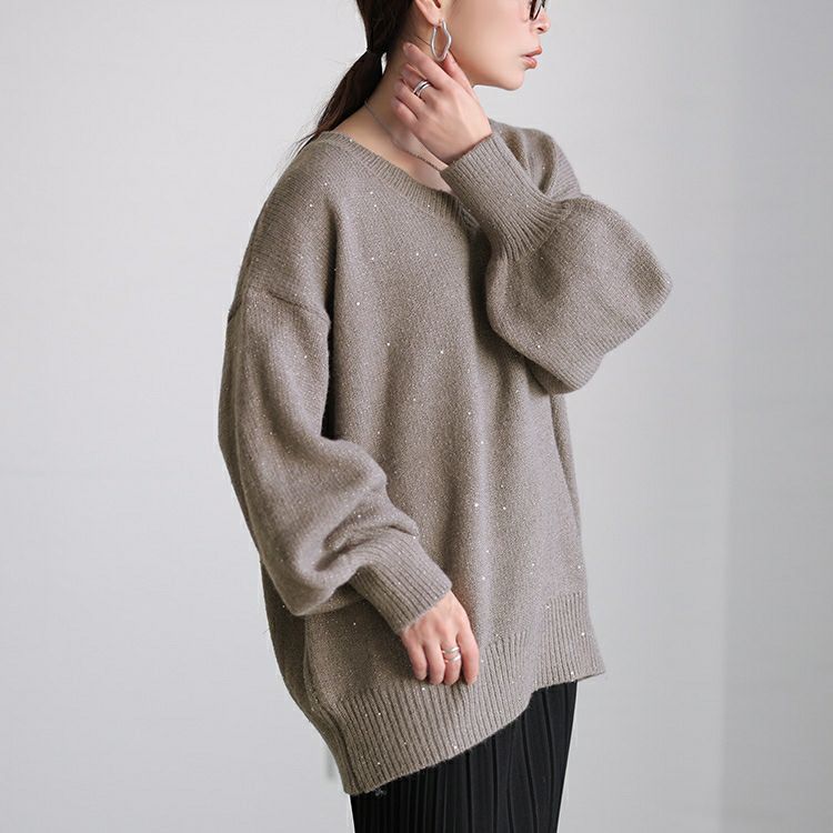 大きいサイズ レディース ボリューム袖スパンコールニットチュニック