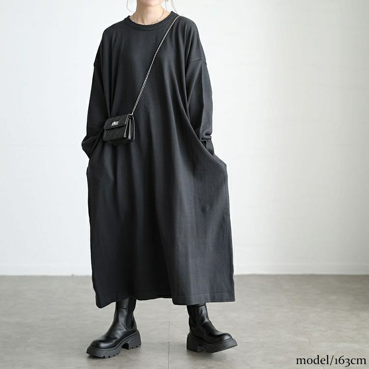 大きいサイズ レディース ラウンドネックAラインニットワンピース maru