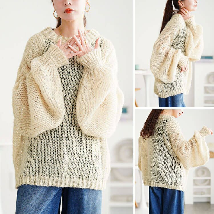 大きいサイズ レディース ボリューム袖オーバーサイズローゲージニット jp569