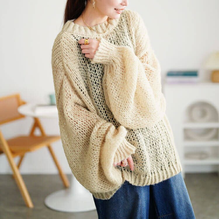 大きいサイズ レディース ボリューム袖オーバーサイズローゲージニット jp569