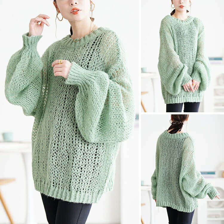 大きいサイズ レディース ボリューム袖オーバーサイズローゲージニット jp569