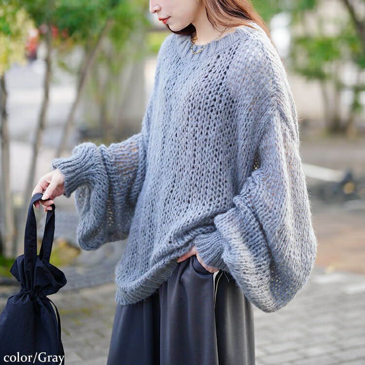 大きいサイズ レディース ボリューム袖オーバーサイズローゲージニット jp569