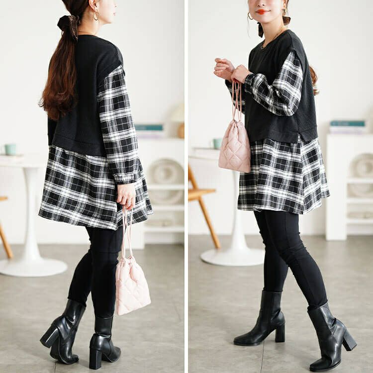 大きいサイズ レディース ベスト重ね着風チェック柄チュニック cpdai-647347