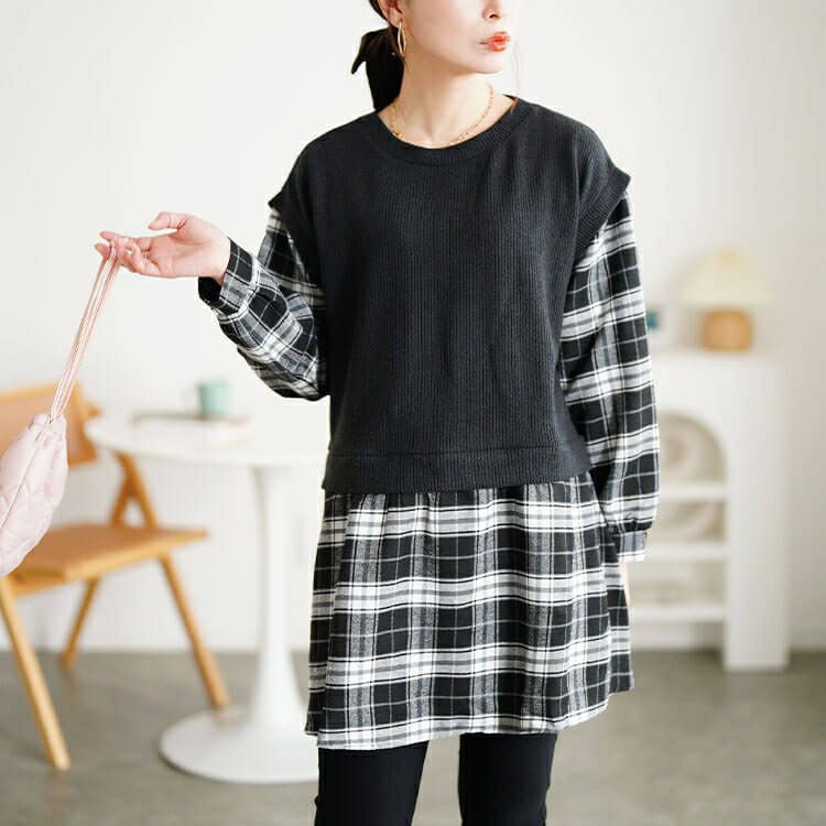 大きいサイズ レディース ベスト重ね着風チェック柄チュニック cpdai-647347