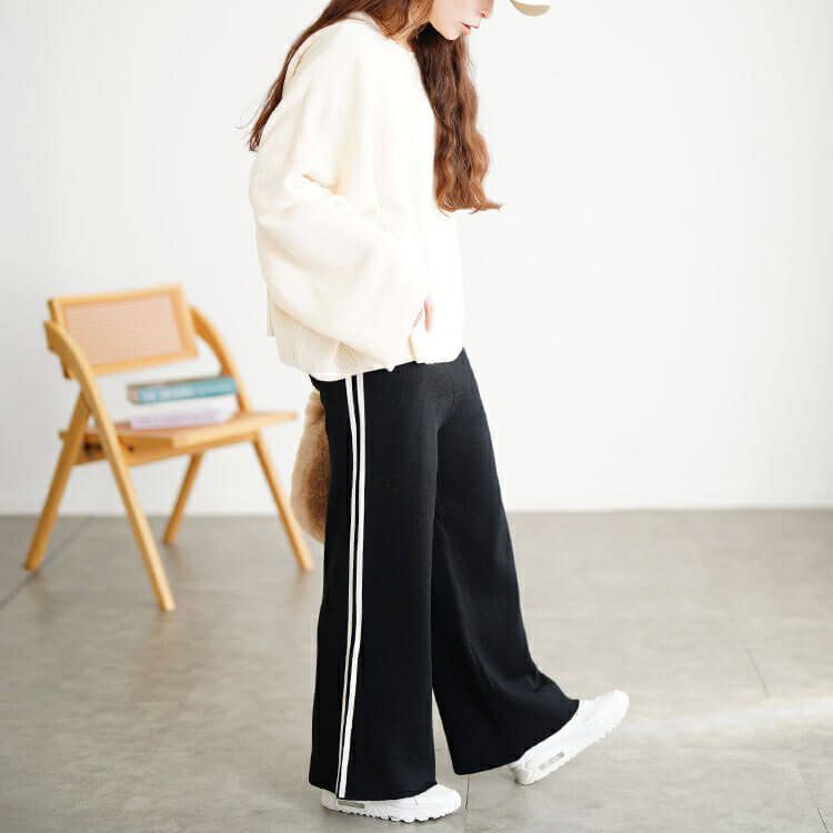 大きいサイズ レディース サイドラインセミワイドニットパンツ cpdai-640937
