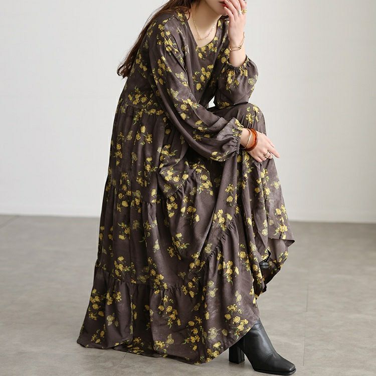 大きいサイズ レディース ぼかし花柄ティアードマキシワンピース maru