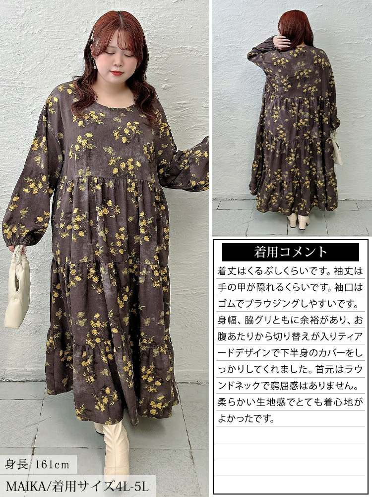 大きいサイズ レディース ぼかし花柄ティアードマキシワンピース maru