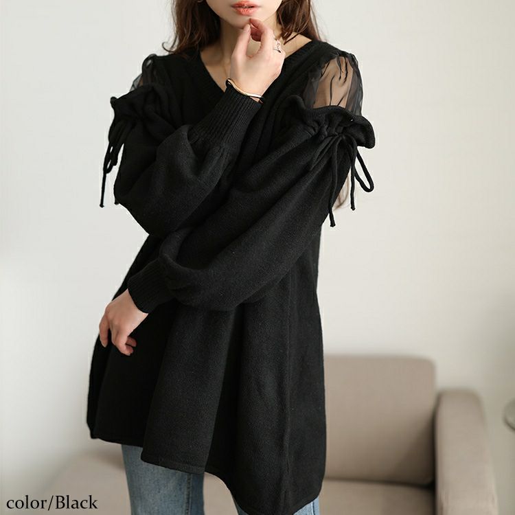 大きいサイズ レディース シアーショルダードロストニットチュニック jp570