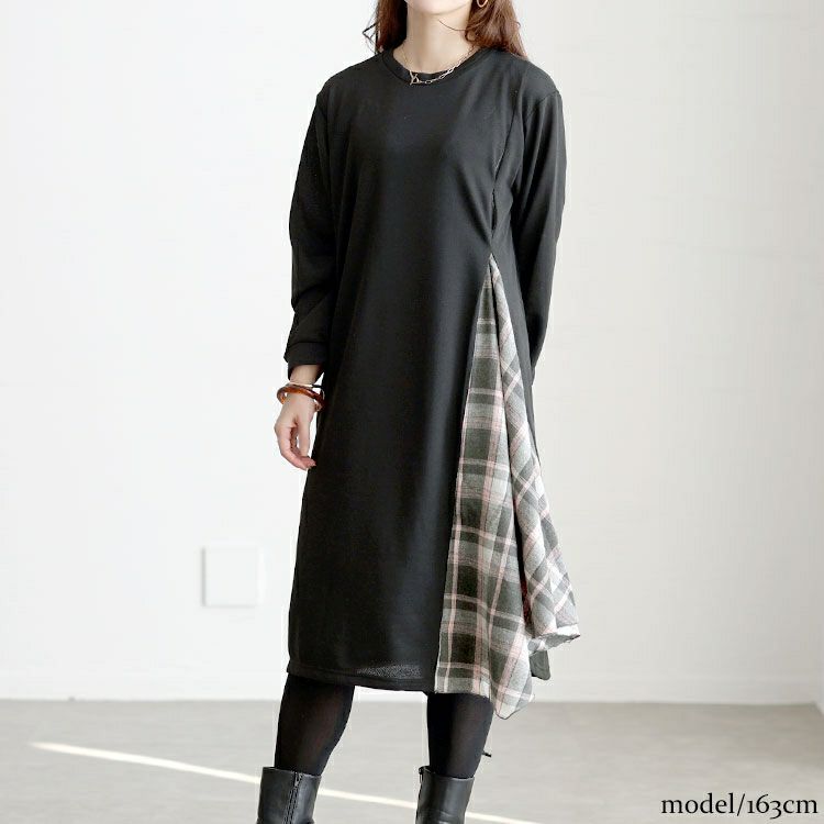 大きいサイズ レディース チェック柄アシメ切り替えワンピース cast