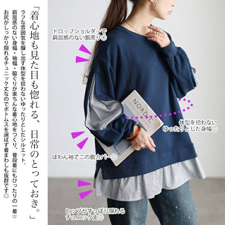 大きいサイズ レディース ストライプ切り替えスリット袖チュニック