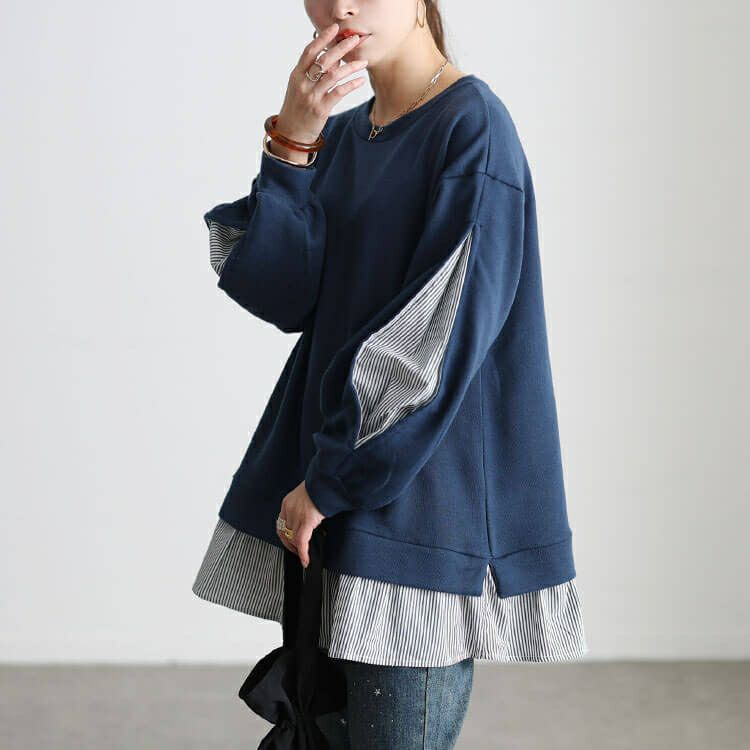 大きいサイズ レディース ストライプ切り替えスリット袖チュニック cast-5562002