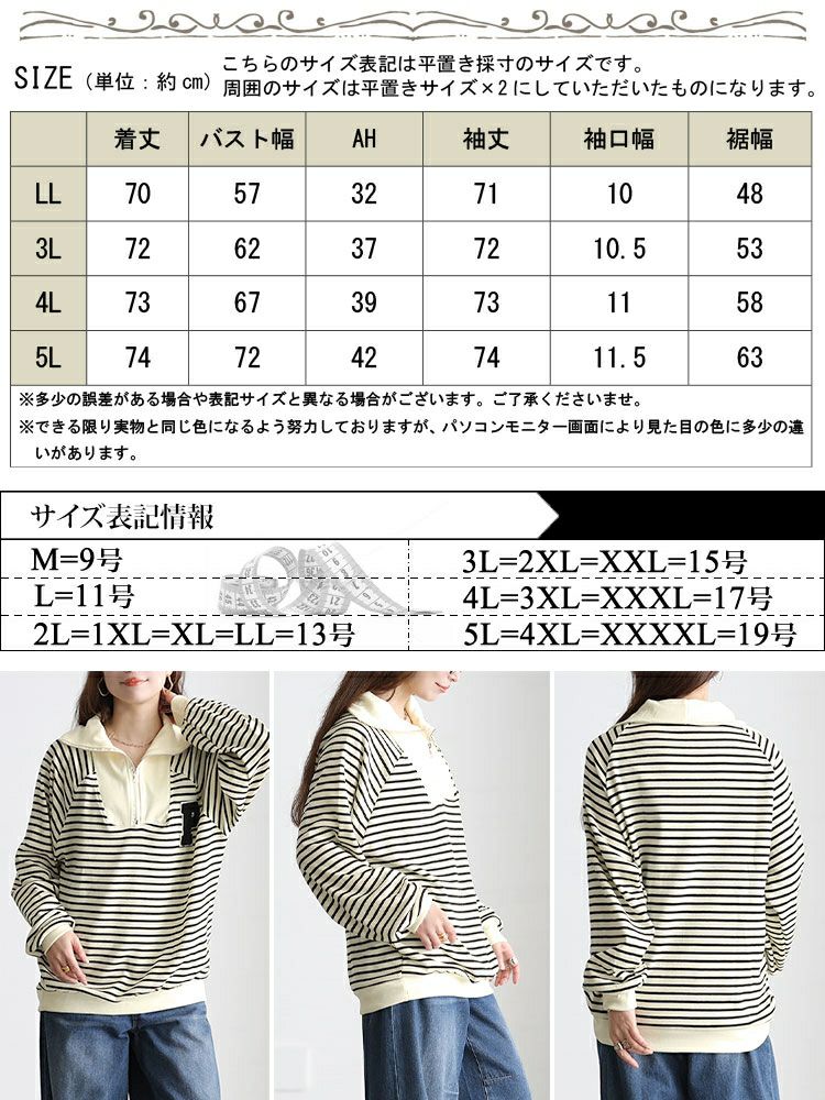 大きいサイズ レディース ハーフジップボーダーロゴニット goldy-1796