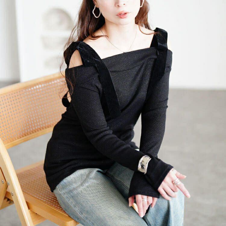 大きいサイズ レディース ベロアリボンオフショルラメリブニット maru-30211