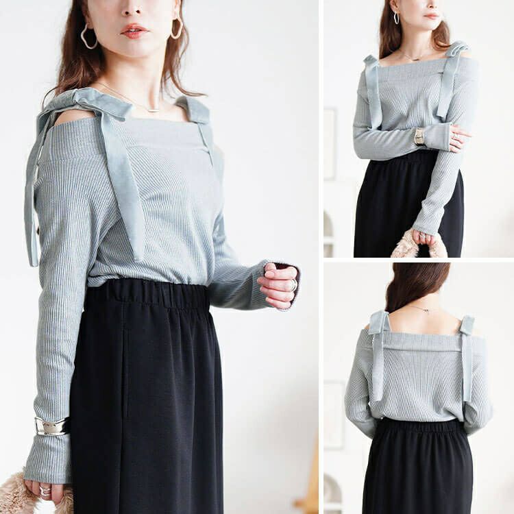 大きいサイズ レディース ベロアリボンオフショルラメリブニット maru-30211