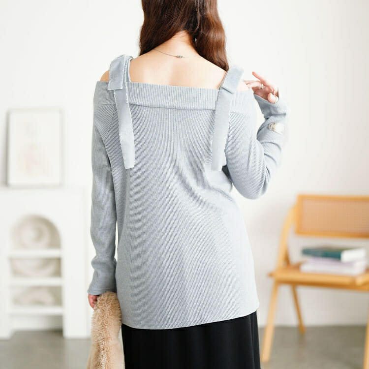 大きいサイズ レディース ベロアリボンオフショルラメリブニット maru-30211