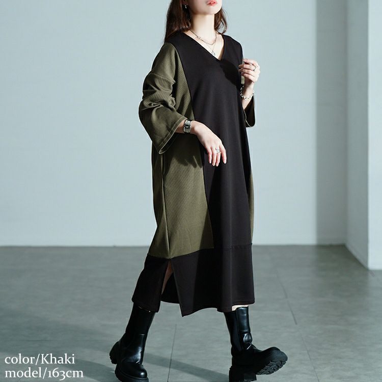 大きいサイズ レディース 異素材切り替えバイカラーワンピース maru-30207