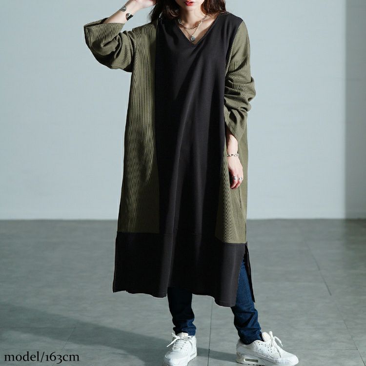 大きいサイズ レディース 異素材切り替えバイカラーワンピース maru-30207