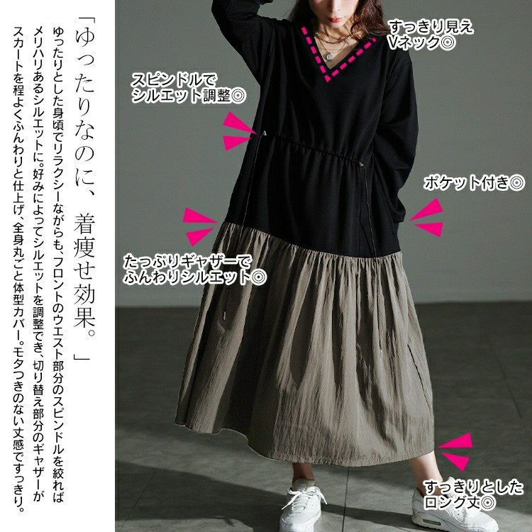 大きいサイズ レディース ウエストドロストフレアドッキングワンピース maru-30206