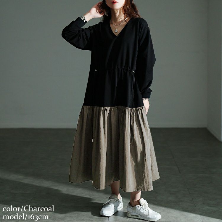 大きいサイズ レディース ウエストドロストフレアドッキングワンピース maru-30206