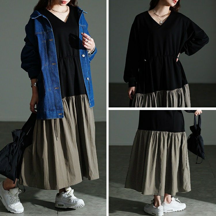 大きいサイズ レディース ウエストドロストフレアドッキングワンピース maru-30206