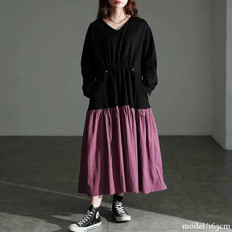 大きいサイズ レディース ウエストドロストフレアドッキングワンピース maru-30206