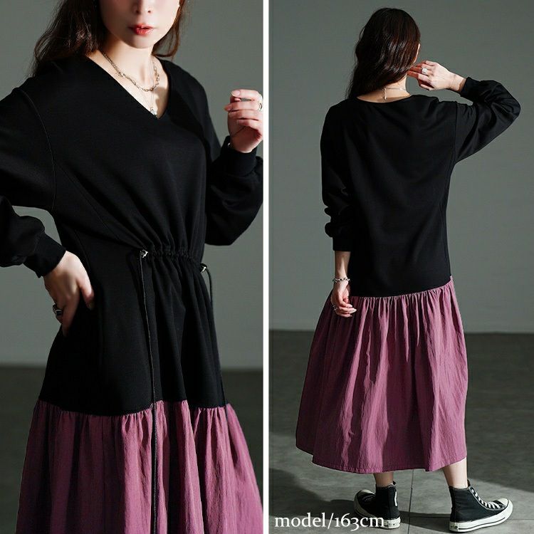 大きいサイズ レディース ウエストドロストフレアドッキングワンピース maru-30206