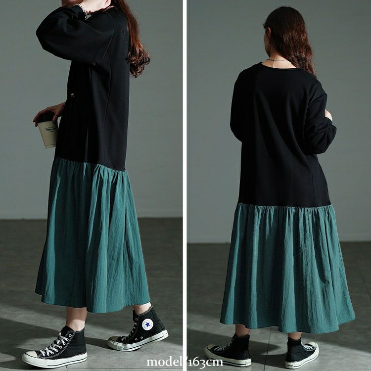 大きいサイズ レディース ウエストドロストフレアドッキングワンピース maru-30206