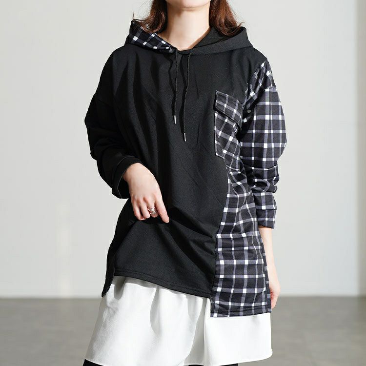 大きいサイズ レディース サイドチェック切替えアシンメトリーパーカー goldy-1801