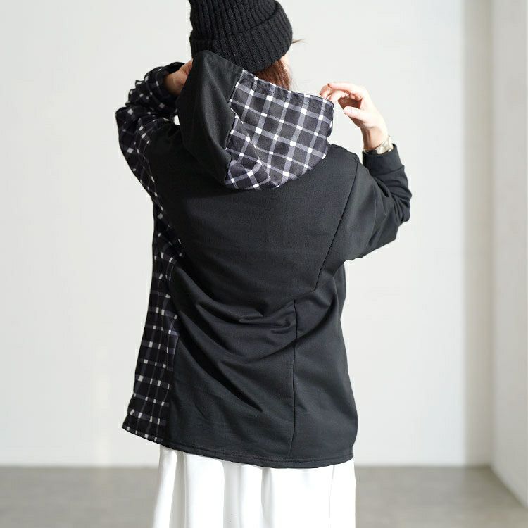 大きいサイズ レディース サイドチェック切替えアシンメトリーパーカー goldy-1801