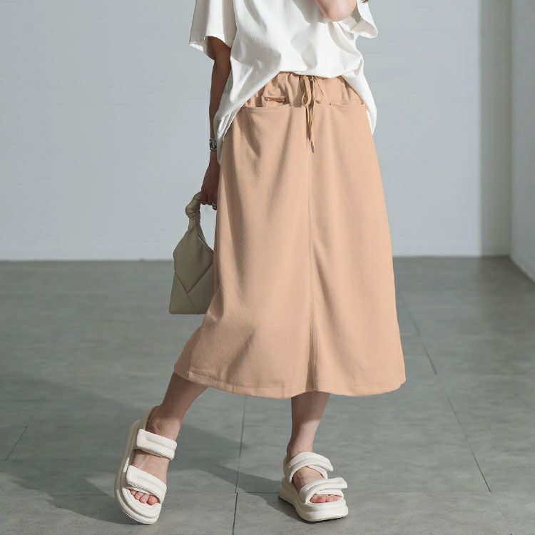 大きいサイズ レディース フロントポケットミディ丈Iラインスカート goldy-1799