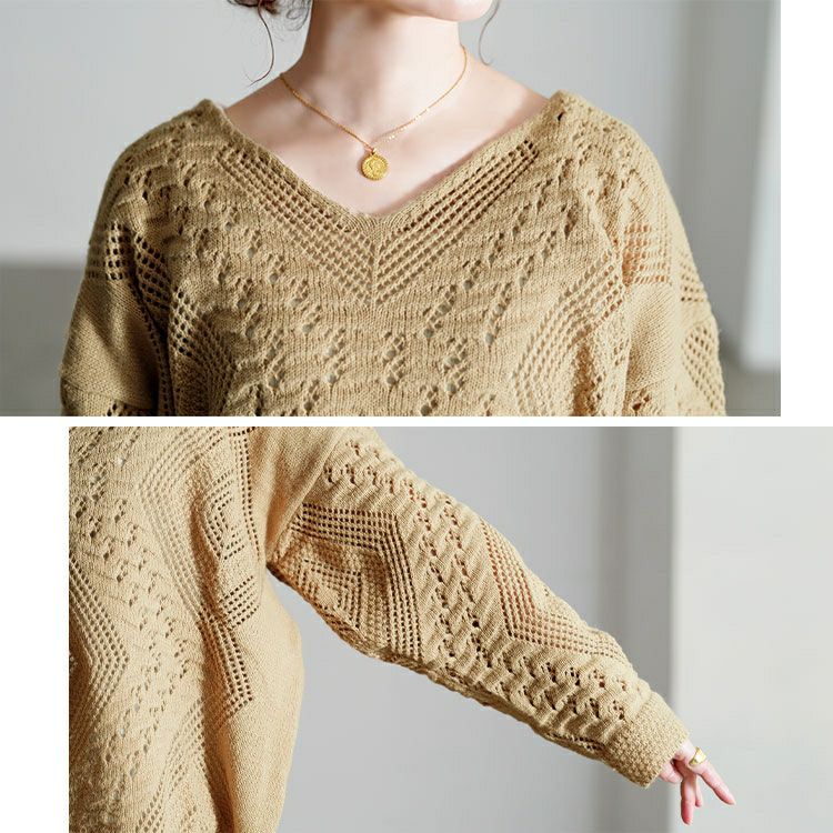 大きいサイズ レディース 透かし編みVネックニットプルオーバー goldy