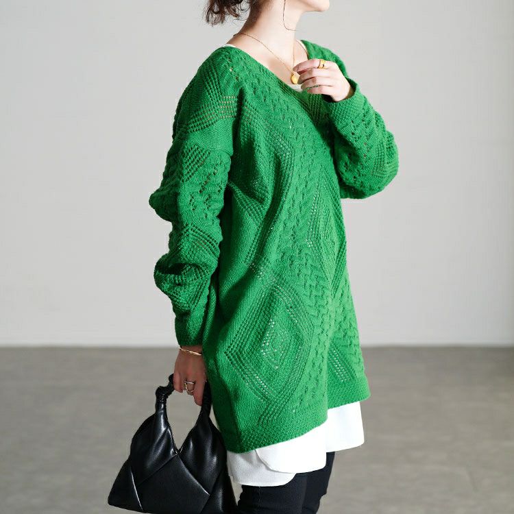 大きいサイズ レディース 透かし編みVネックニットプルオーバー goldy-1806