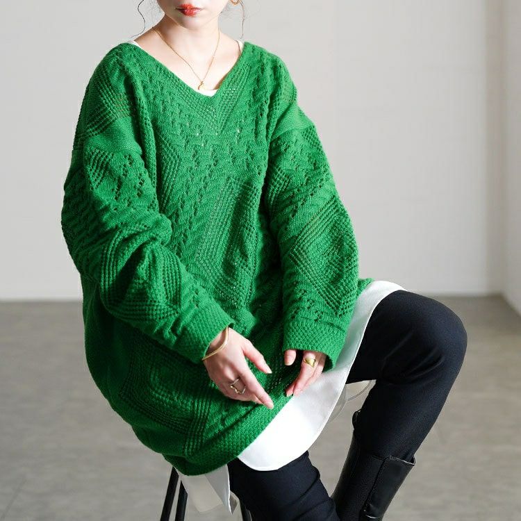 大きいサイズ レディース 透かし編みVネックニットプルオーバー goldy-1806