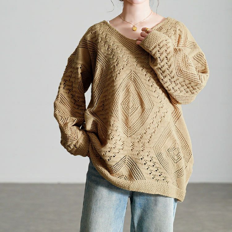 大きいサイズ レディース 透かし編みVネックニットプルオーバー goldy-1806