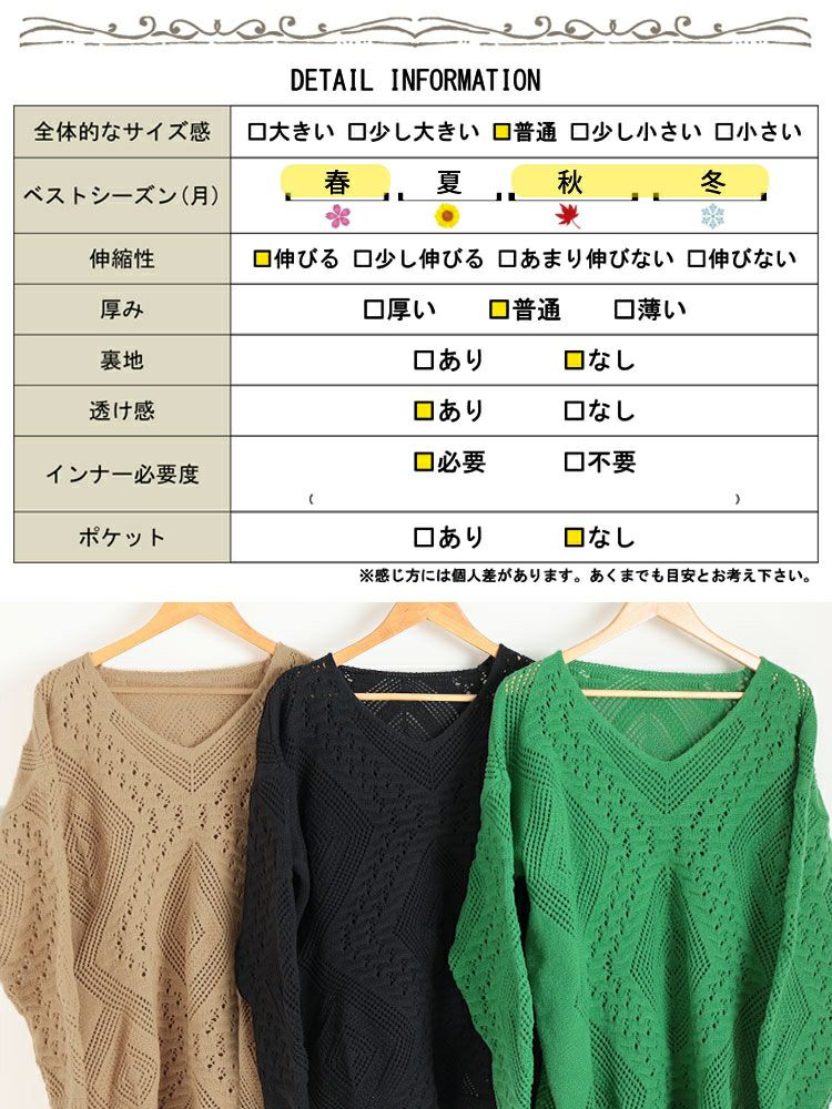 大きいサイズ レディース 透かし編みVネックニットプルオーバー goldy