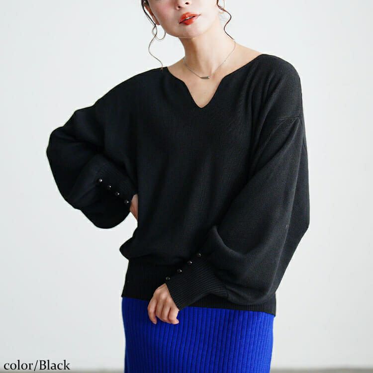 大きいサイズ レディース ボリュームスリーブキーネックニット jp573