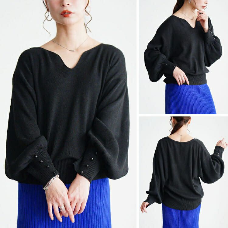 大きいサイズ レディース ボリュームスリーブキーネックニット jp573