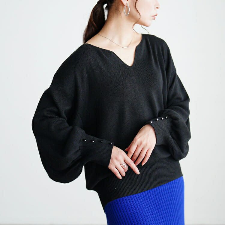 大きいサイズ レディース ボリュームスリーブキーネックニット jp573