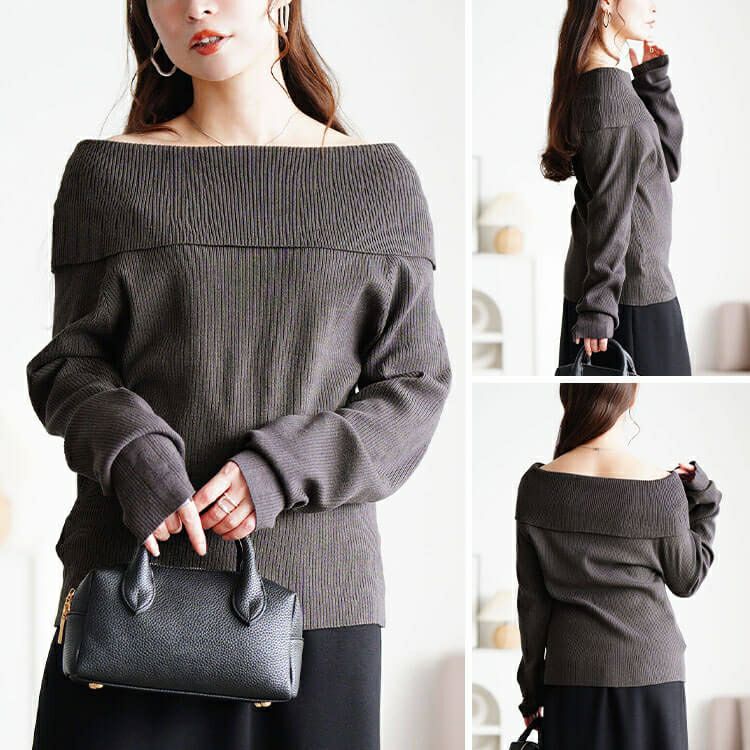 大きいサイズ レディース オフショルダーリブニット jp576