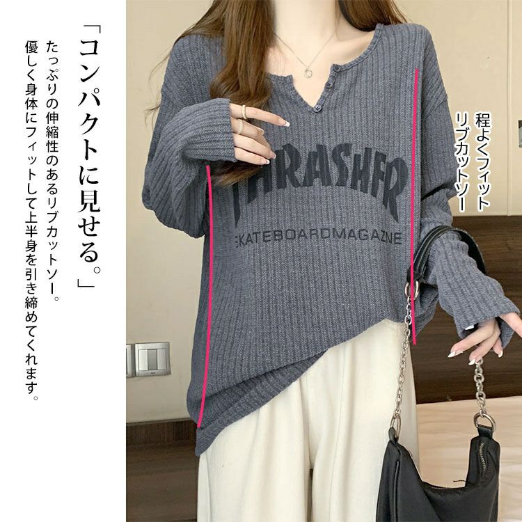 大きいサイズ レディース キーネック英字ロゴリブカットソー goldy-1791