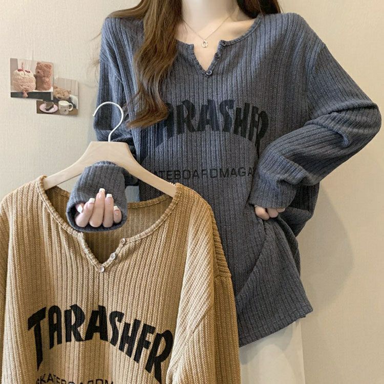 大きいサイズ レディース キーネック英字ロゴリブカットソー goldy-1791