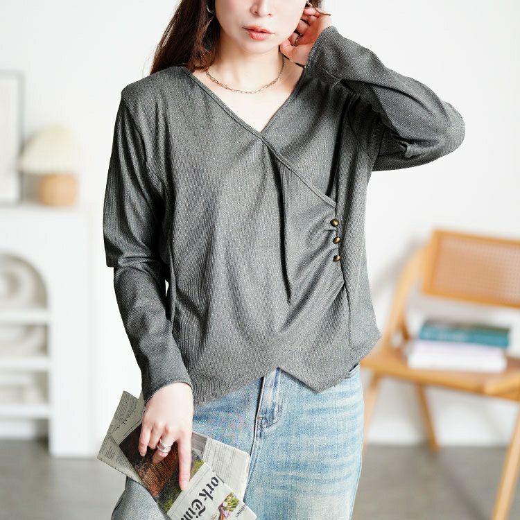 大きいサイズ レディース サイドボタンカシュクールニットトップス goldy-1798