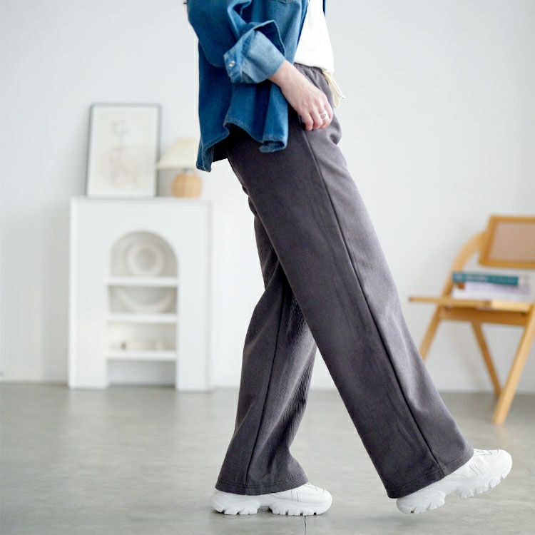 大きいサイズ レディース 裏起毛リボンウエストストレートパンツ goldy-1781