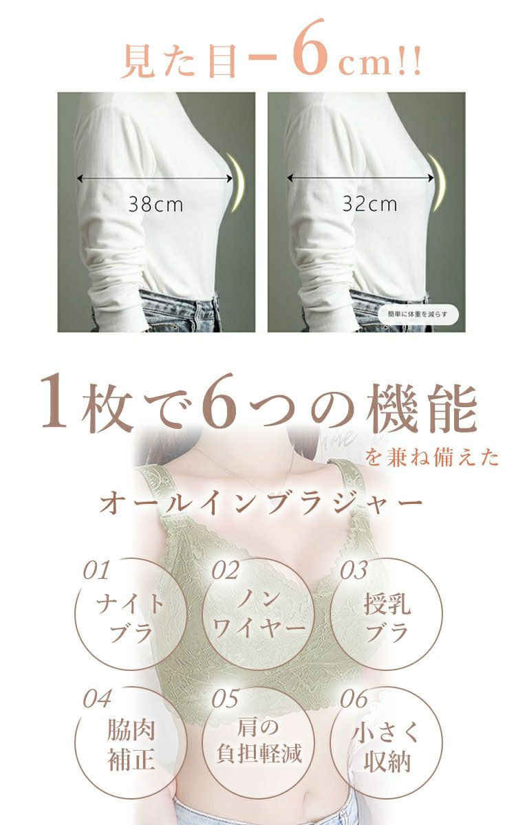 大きいサイズ レディース 胸を小さく見せる！シームレスレースブラジャー goldy-1788